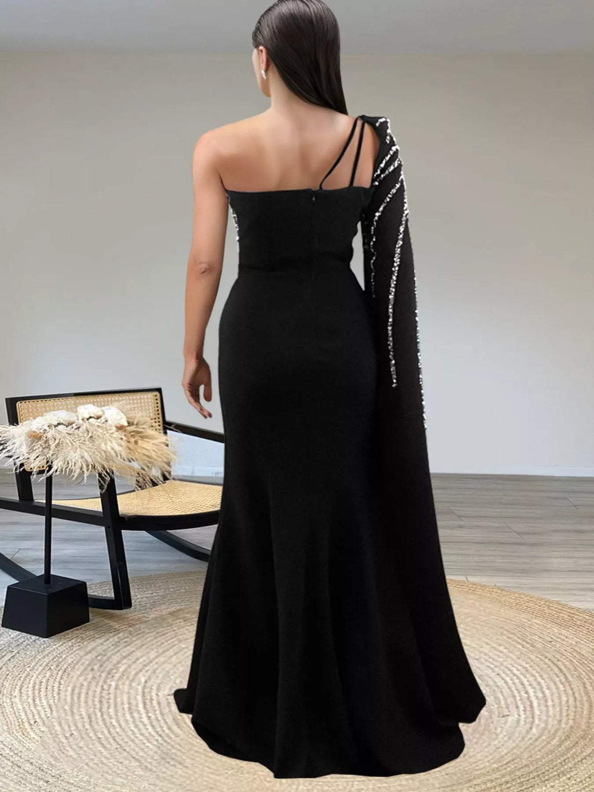 Rhinestone Pearl Detail One-Shoulder Mermaid Maxi Dress - Black - View 2