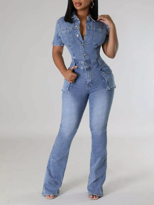 Slim-Fit Denim Jumpsuit with Utility Cargo Pockets and Flared Legs - Dark Blue - View 1