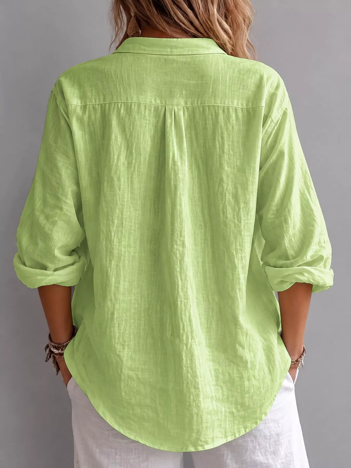 Collared Neck Long Sleeve Blouse - Green - View 7