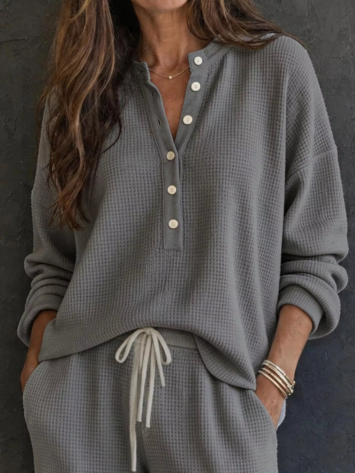 Waffle Knit Henley Top and Wide Leg Pants Set - Dark Gray - View 11
