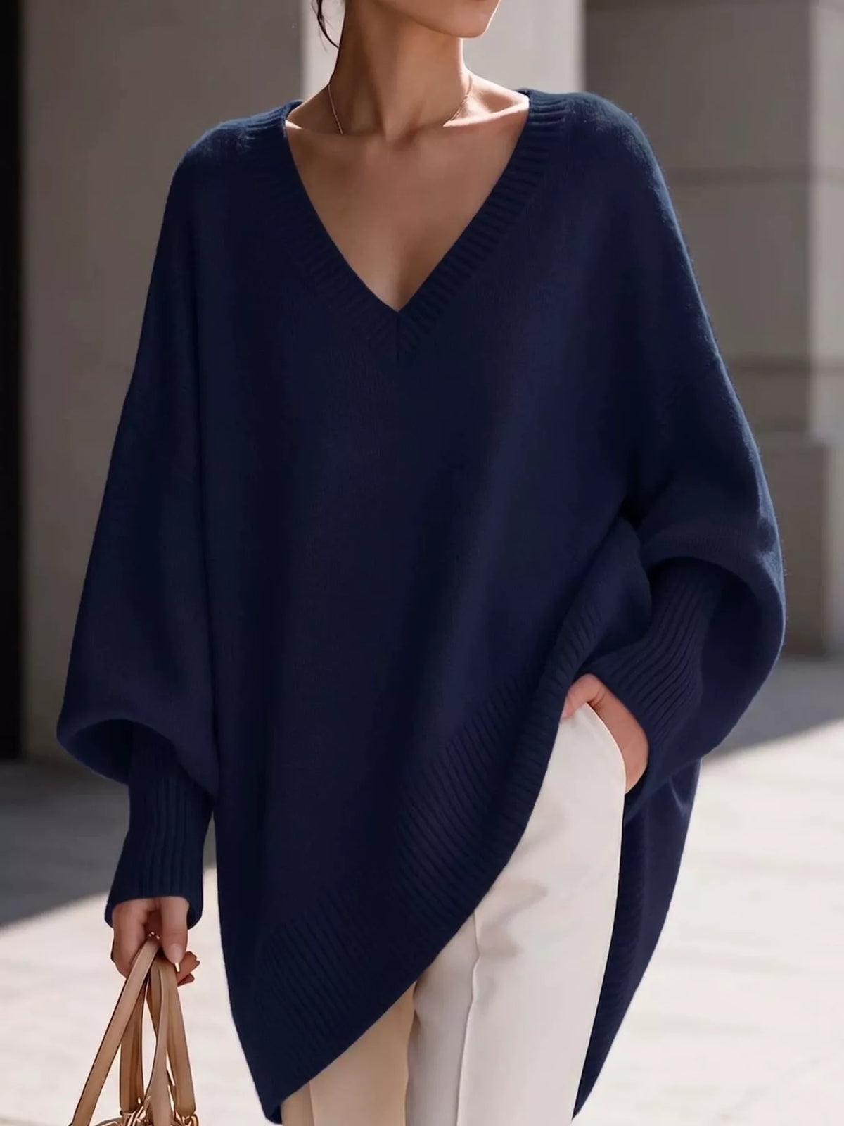 Full Size V-Neck Oversized Batwing Sleeve Sweater Plus Size - Navy - View 16