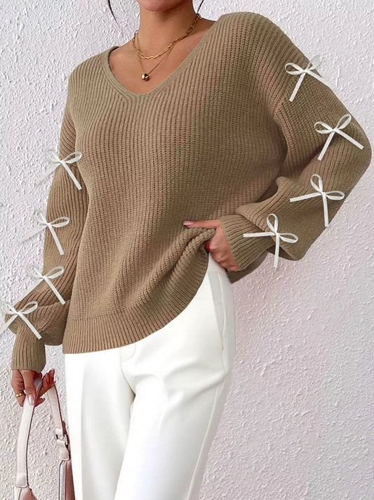 Bow-Tie Sleeve V-Neck Sweater - Khaki - View 1