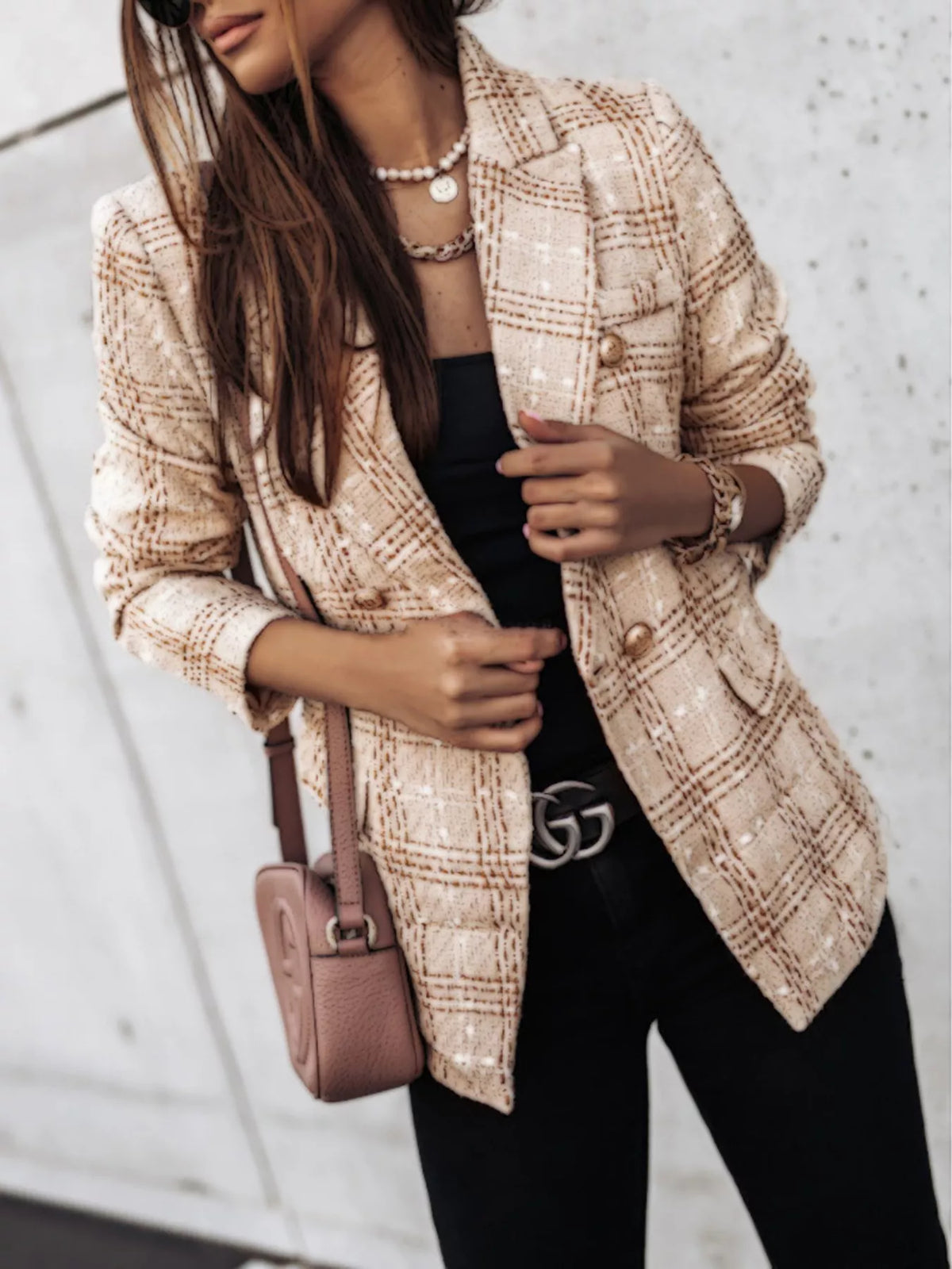 Full Size Plaid Tweed Double-Breasted Blazer Plus Size - Tan - View 1