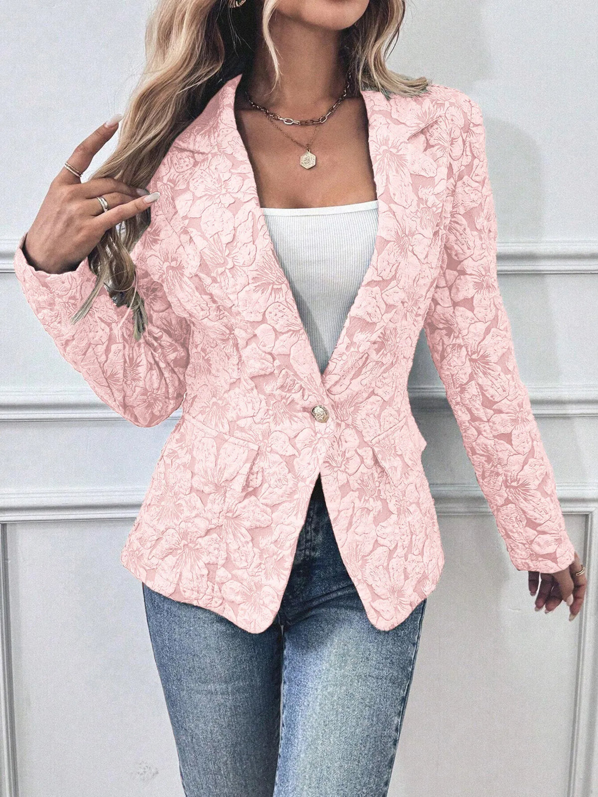 Floral Print Single Button Blazer with Pockets - Pink - View 4