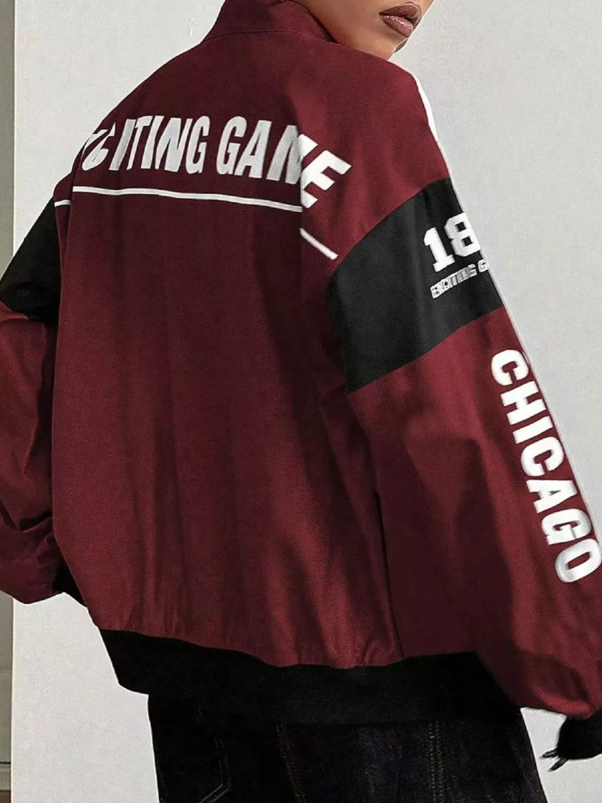 Letter Print Zip Up Jacket - Wine Red - View 2