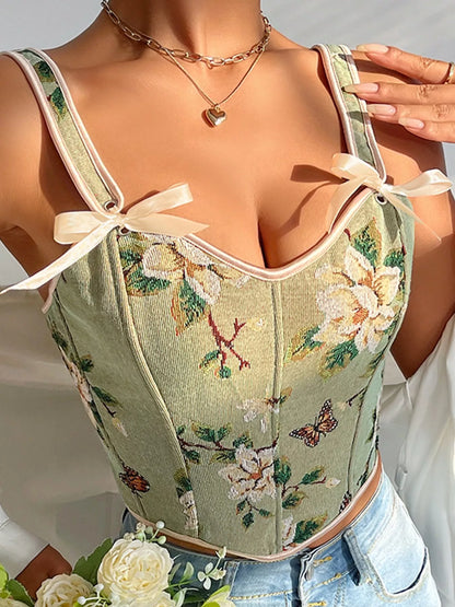 Floral Lace Up Back Tank - Dark Green - View 1