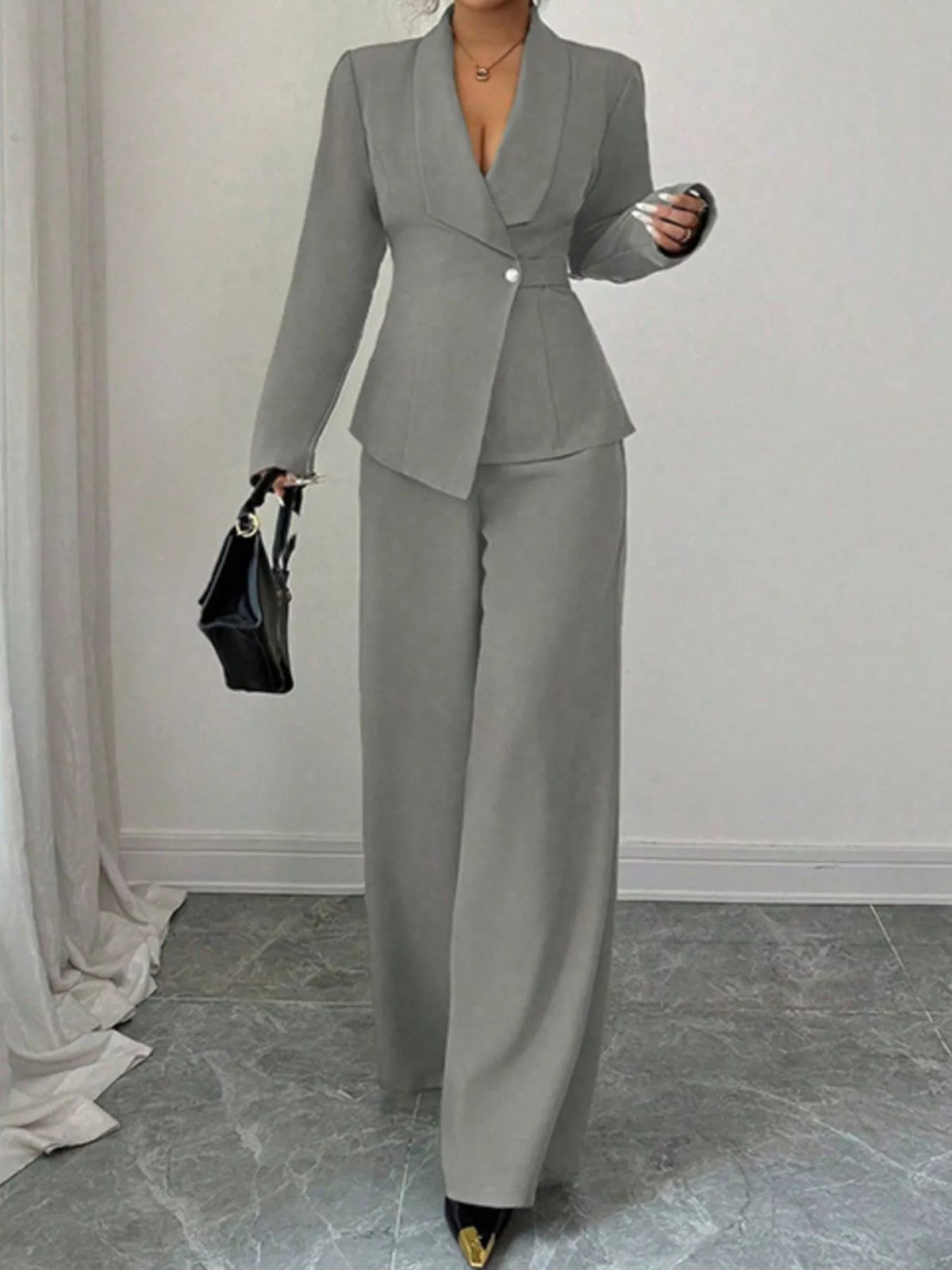 One Button Blazer and Pants Set - Gray - View 19