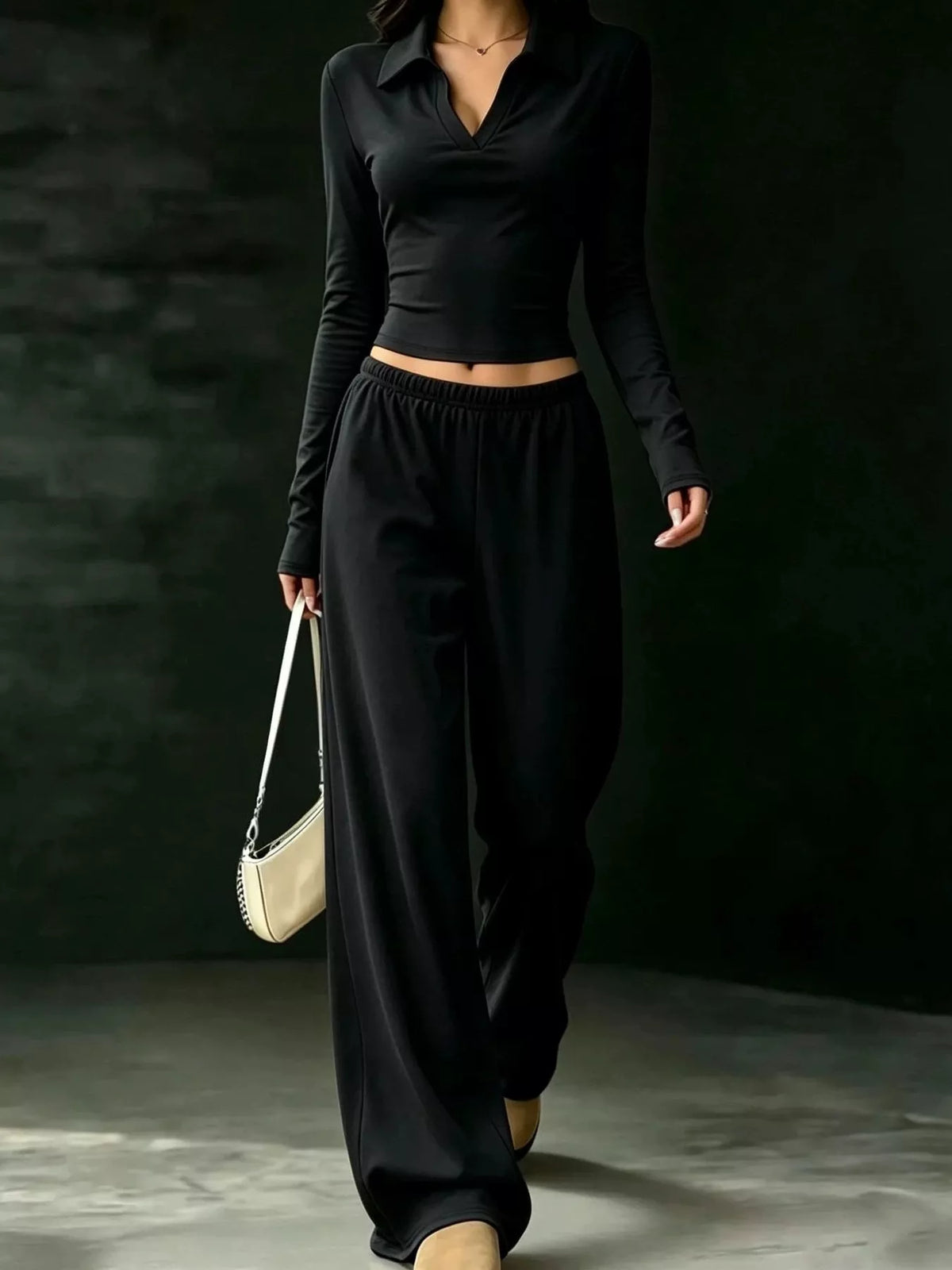 Solid Color Long Sleeve Polo Collar Top and Wide Leg Pants Set - Black - View 1