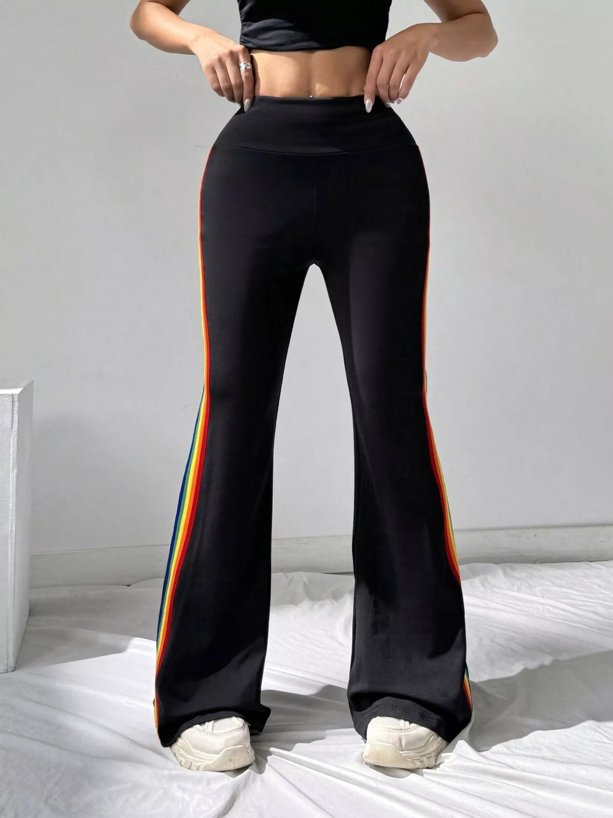 High-Waisted Side-Striped Flare Active Pants - Black and Color Strips - View 1