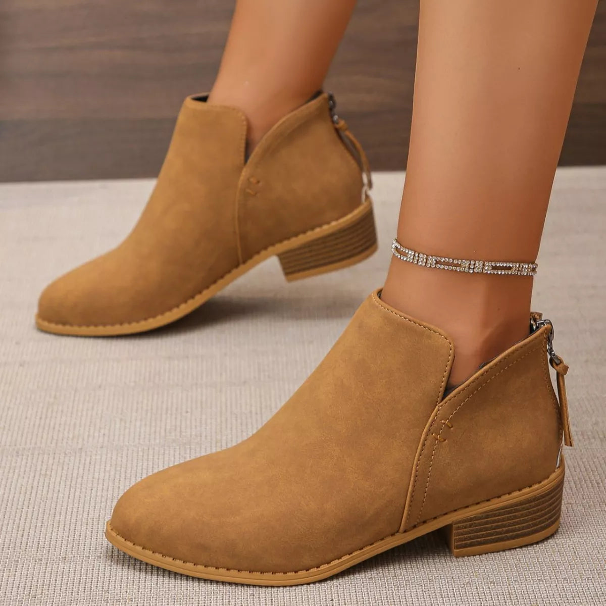 Point Toe Block Heels Boots - Light Brown - View 21