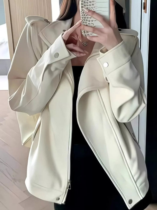 Asymmetric Zip-Up Moto-Style Jacket - Ivory - View 1