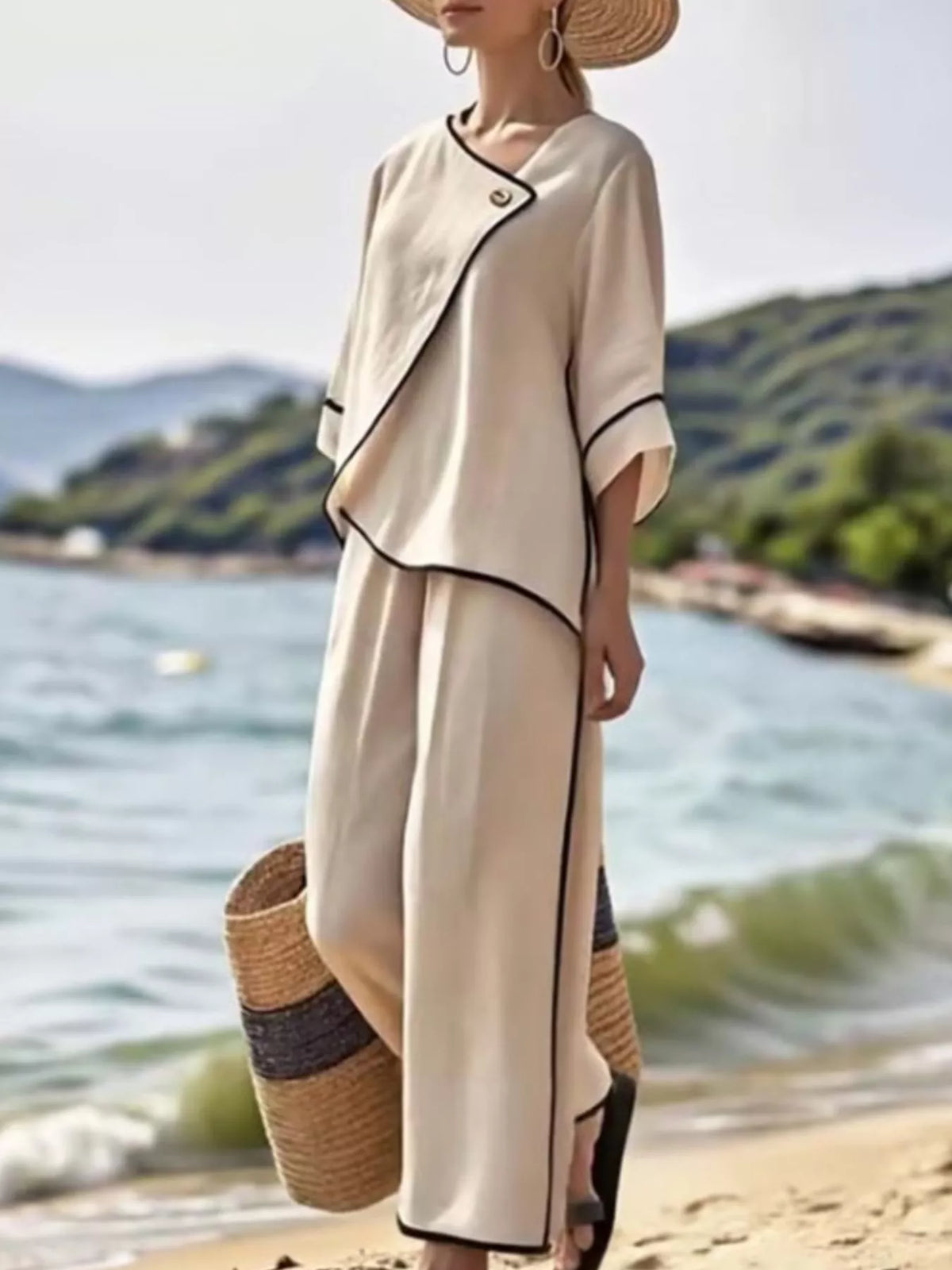 Full Size Contrast Trim Top and Wide Leg Pants Set Plus Size - Khaki - View 3