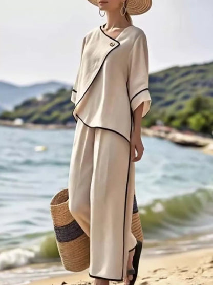 Full Size Contrast Trim Top and Wide Leg Pants Set Plus Size - Khaki - View 3