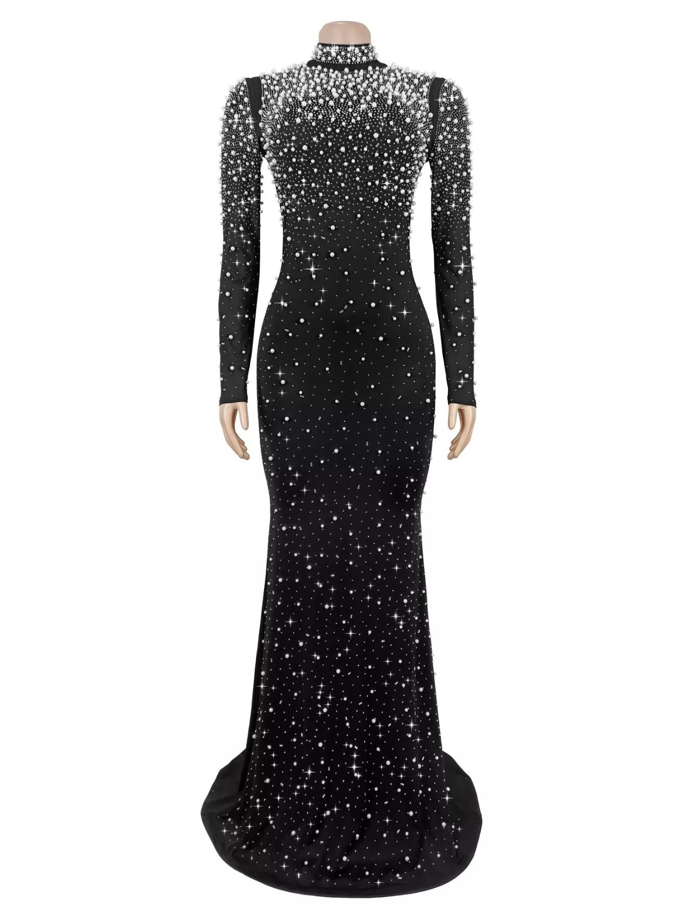 Rhinestone Long Sleeve Mermaid Maxi Dress - Black - Front Mannequin View