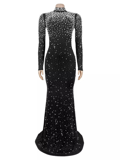 Rhinestone Long Sleeve Mermaid Maxi Dress - Black - Front Mannequin View