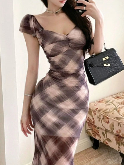 Plaid Ruffle Cap Sleeve Bodycon Maxi Dress - Brown - View 1