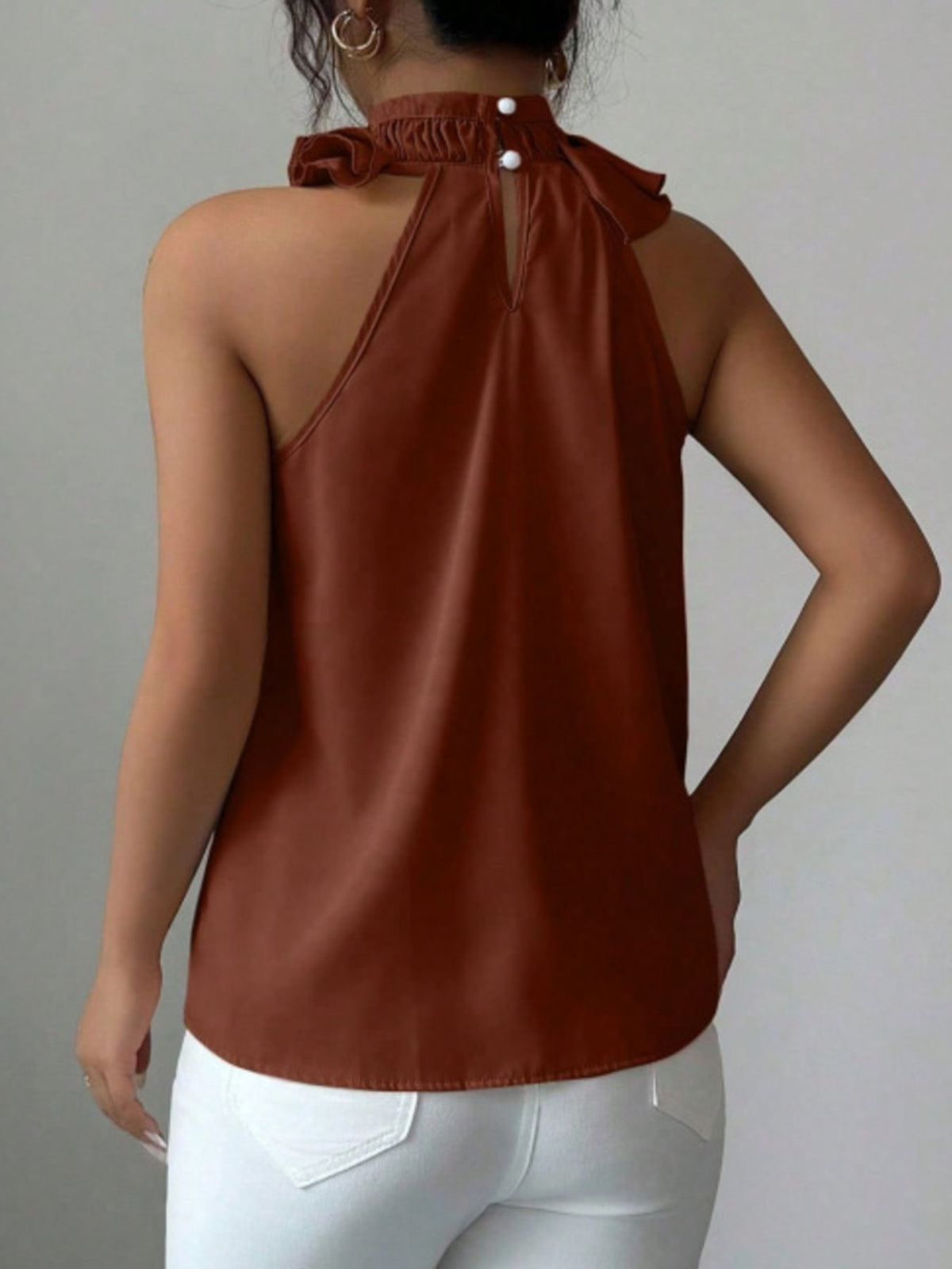 Ruffle High Neck Sleeveless Top - Brown - View 12