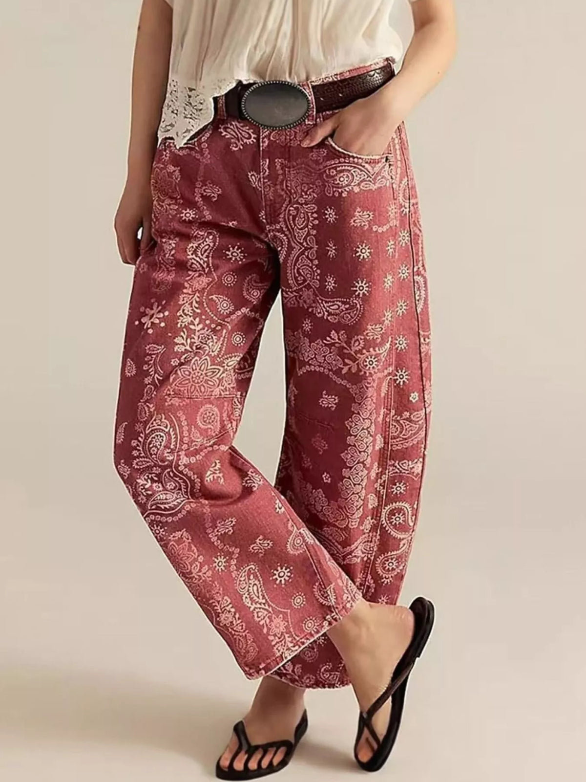 Printed Wide-Leg Jeans - Red - View 1