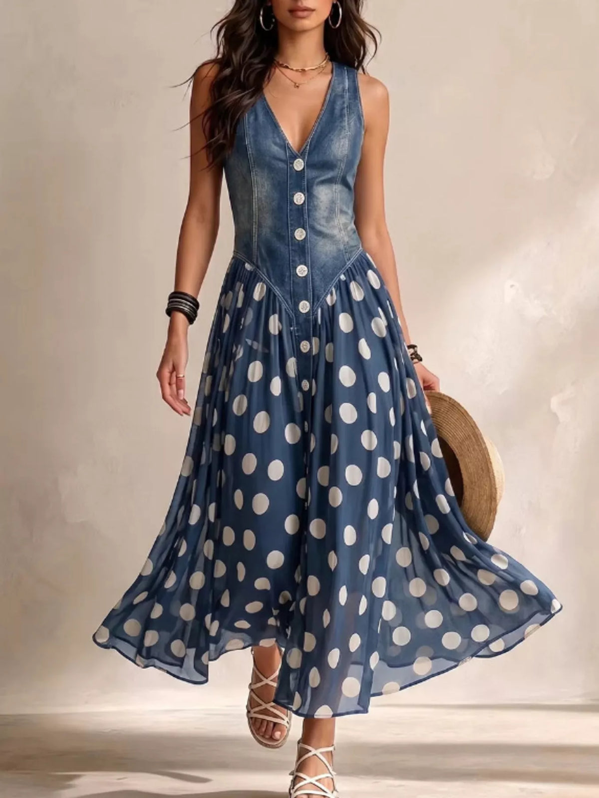 Polka Dot Denim Bodice Sleeveless Maxi Dress - Medium - View 1