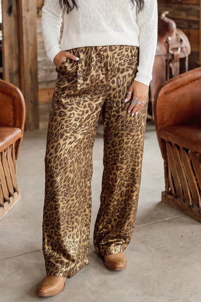 Multicolour Leopard Print Western Style Wide Leg Full Length Pants - Leopard - View 3