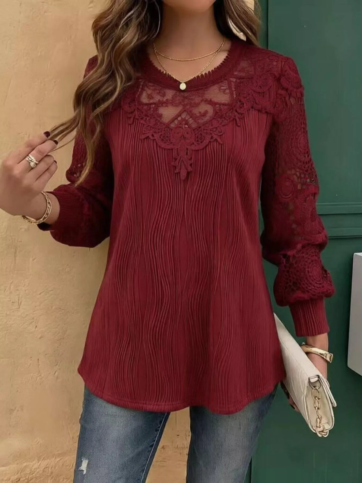 Lace Patchwork Long Sleeve Blouse - Burgundy - View 1