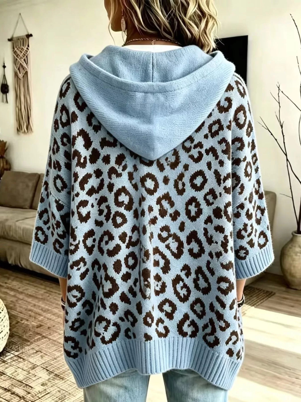 Drawstring Leopard Hooded Sweater - Blue - View 5