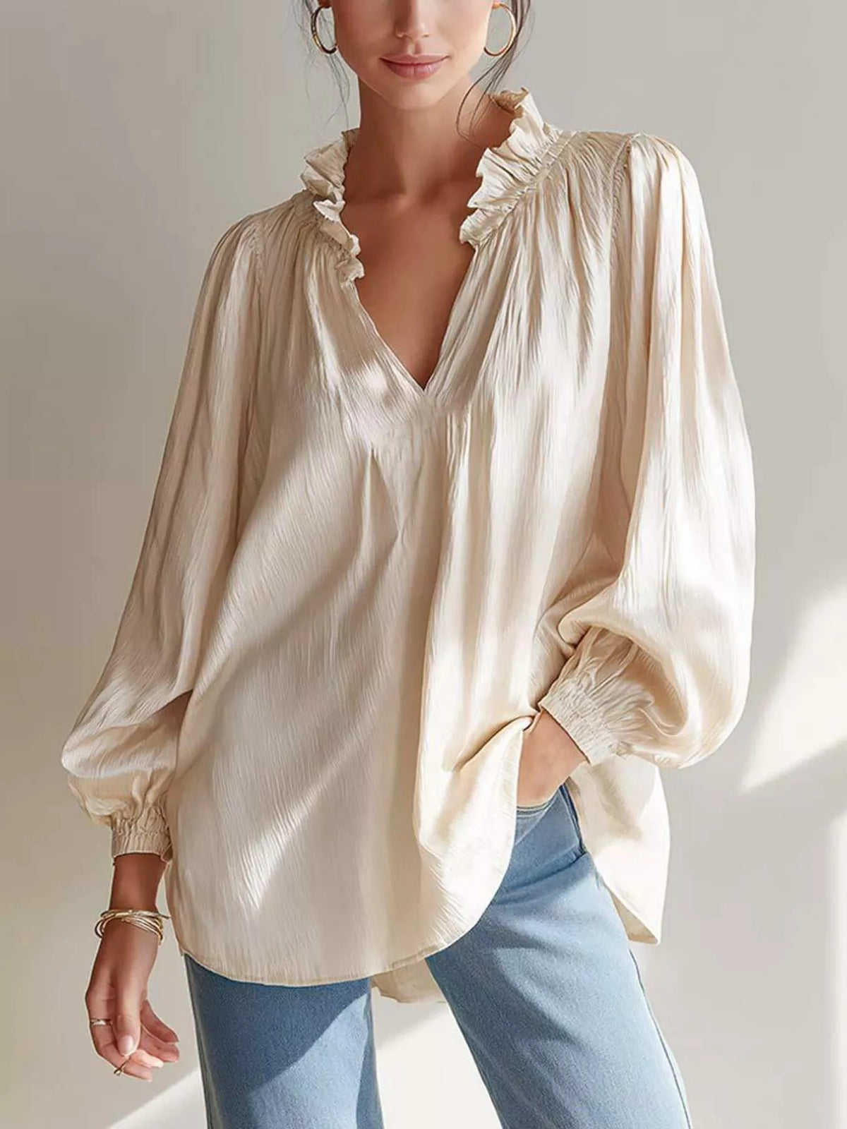 Ruffle Trim Long Sleeves Blouse - Beige - View 1