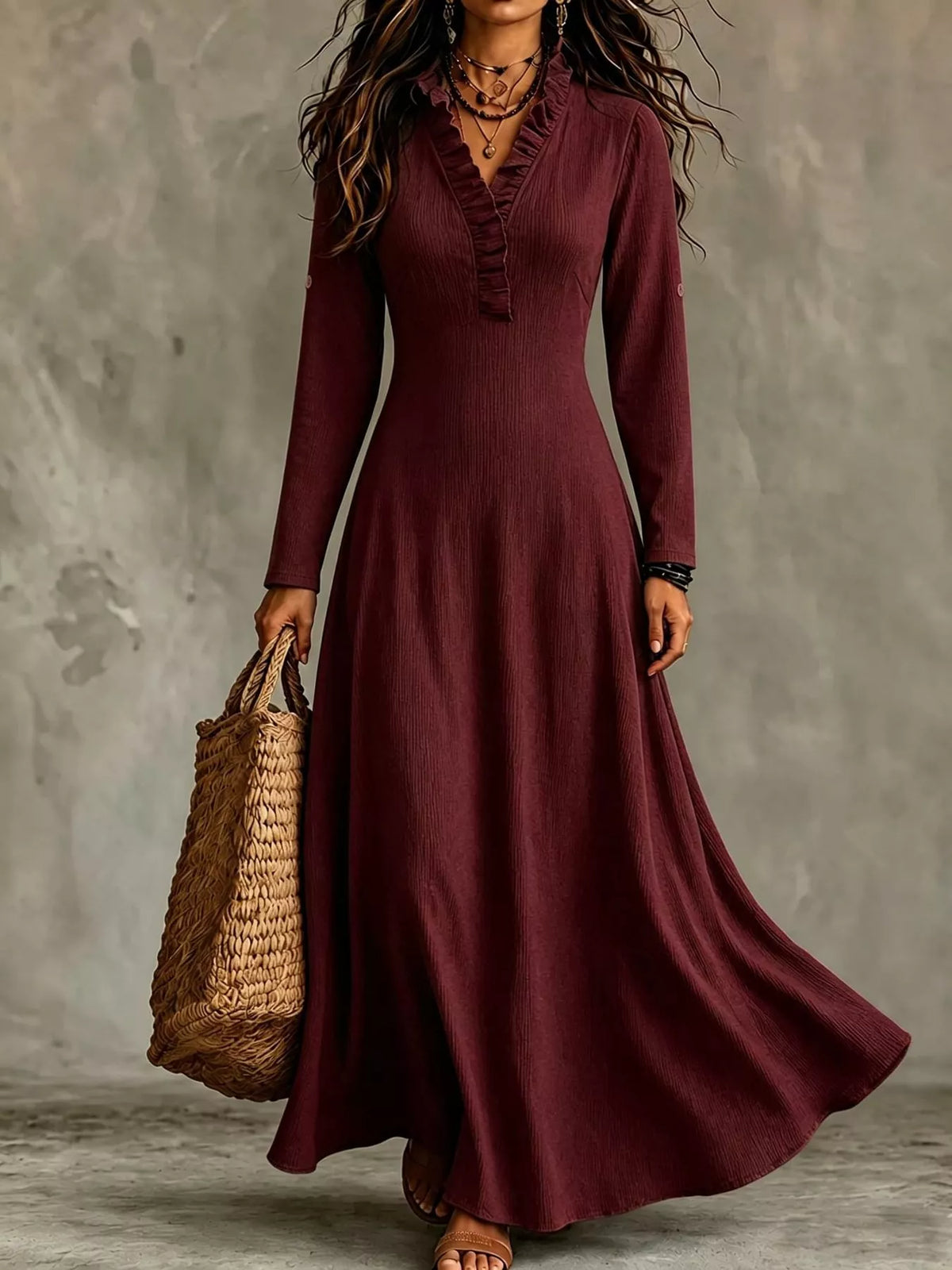 Full Size Frill Roll-Up Sleeve Maxi Dress Plus Size - Wine Red - View 13