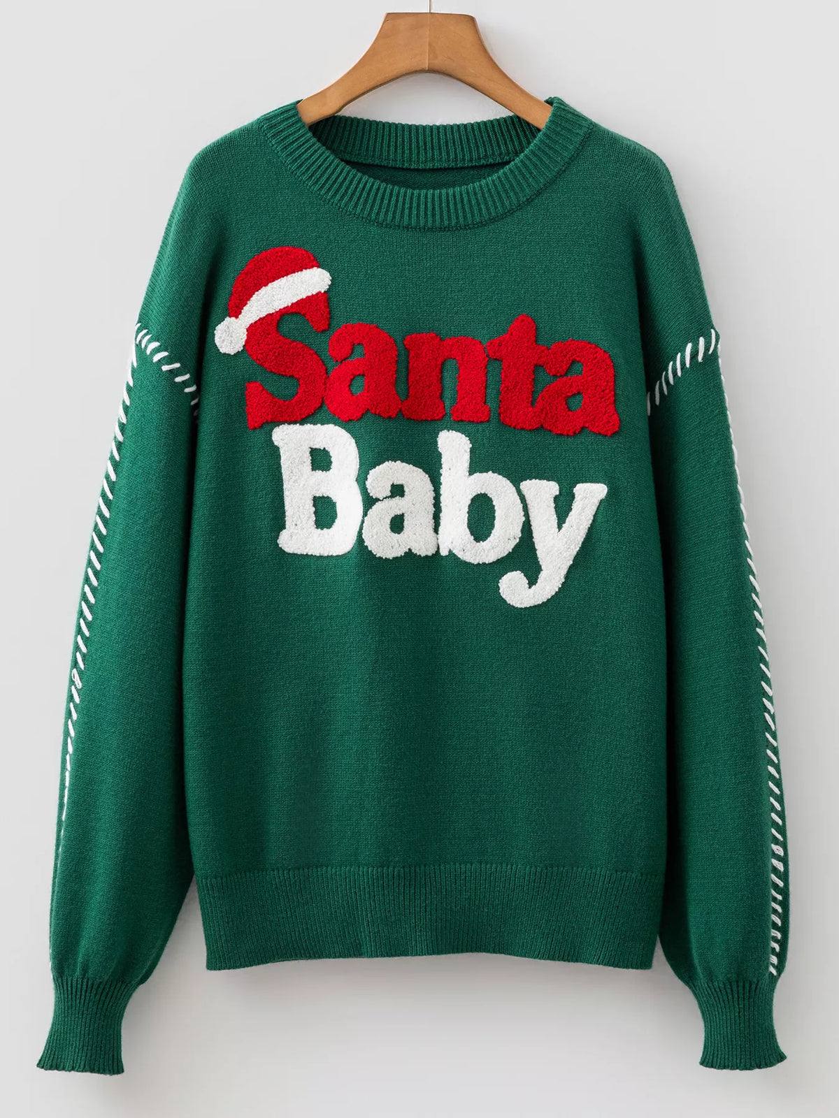 Santa Baby Towel Embroidery Christmas Slogan Pullover Sweater - Dark Green - View 8