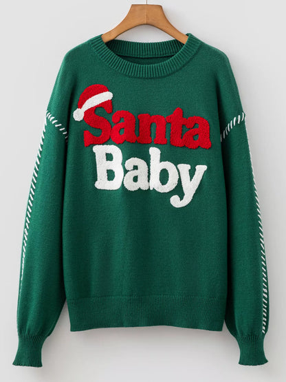 Santa Baby Towel Embroidery Christmas Slogan Pullover Sweater - Dark Green - View 8