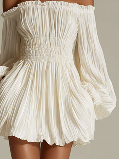 Off-Shoulder Pleated Mini Dress - Cream - View 3