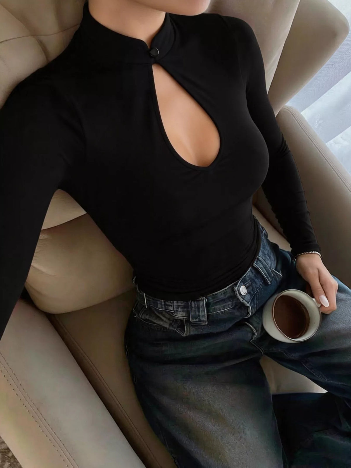 Long-Sleeve Keyhole Cutout Slim-Fit T-Shirt - Black - View 2