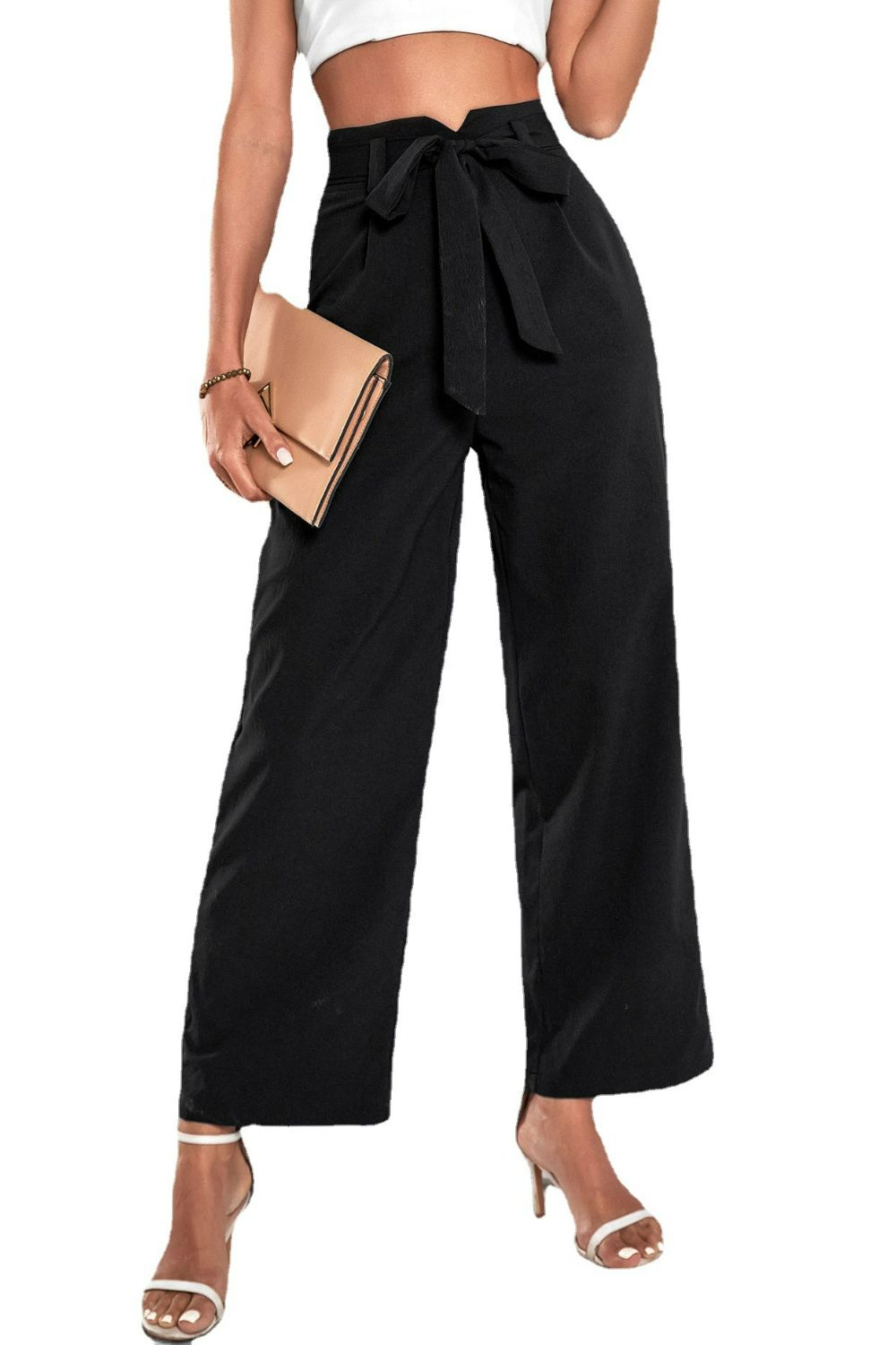 Perfee Belted High-Rise Wide Leg Pants - Black - View 5