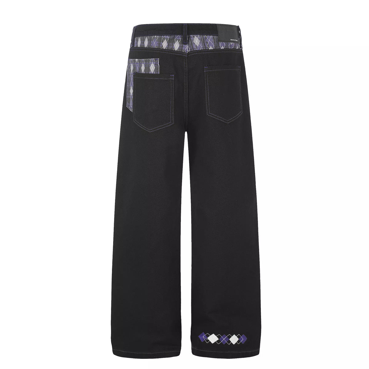 Men's High-Waisted Wide-Leg Jeans with Argyle Pattern Accents - Black - View 3
