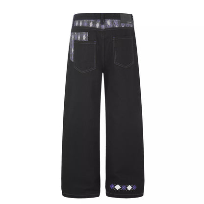 Men's High-Waisted Wide-Leg Jeans with Argyle Pattern Accents - Black - View 3