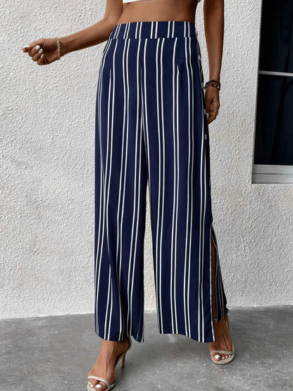 Perfee Striped Slit Wide Leg Pants - Dark Blue - View 3