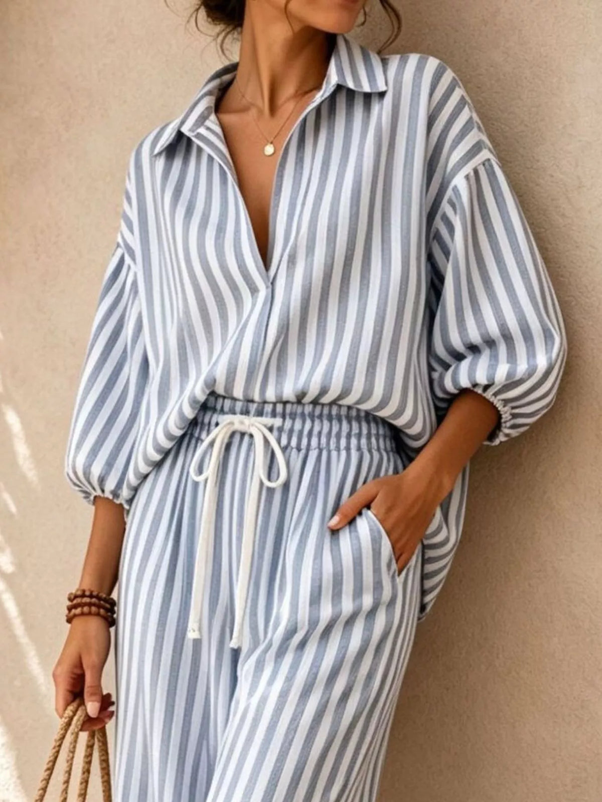 Striped Collared Shirt and Wide-Leg Drawstring Pants Set - Light Blue - View 2