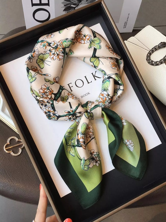 Floral Print Silk Scarf - Dark Green - View 1