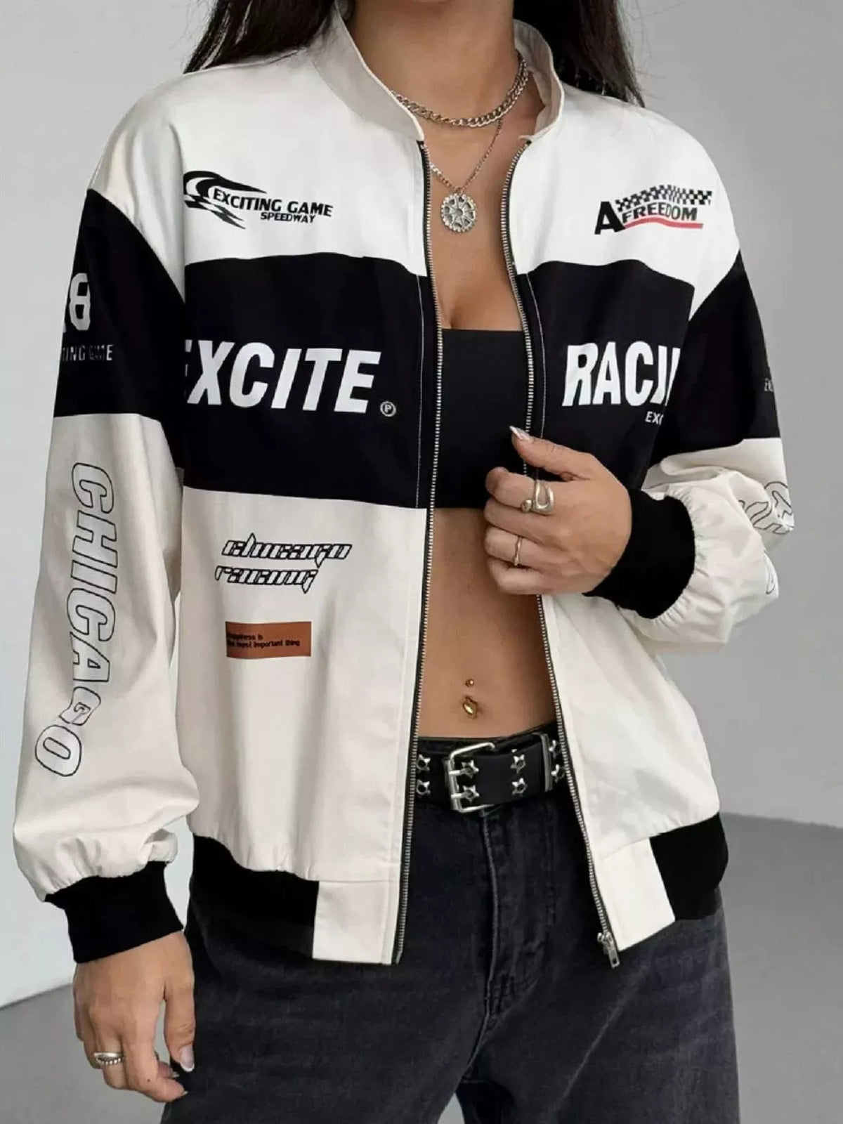 Letter Print Zip Up Jacket - Apricot - View 1