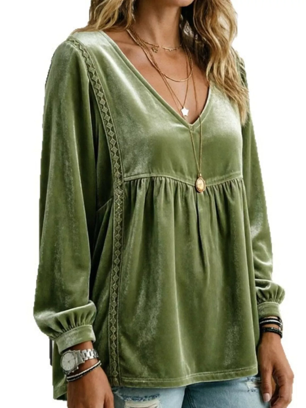 Full Size V-Neck Long Sleeve Velvet Blouse with Lace Trim Plus Size - Olive - View 1