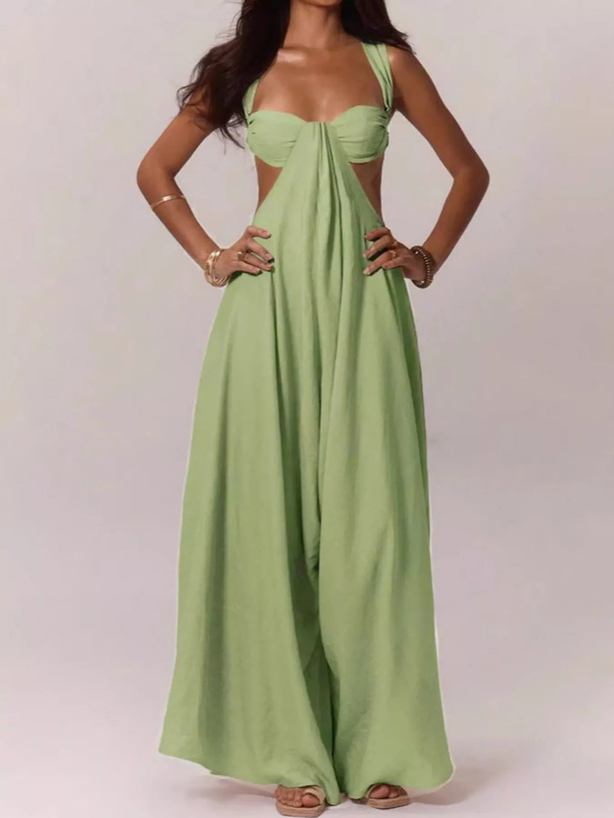 Backless Wide-Leg Jumpsuit with Cut-out Detail - Green - View 5