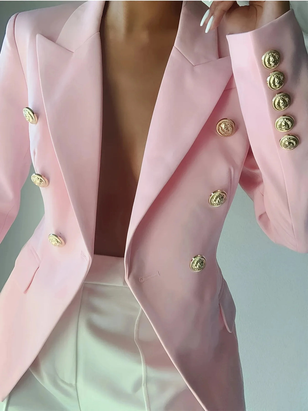 Decor Button Lapel Collar Blazer - Pink - View 9