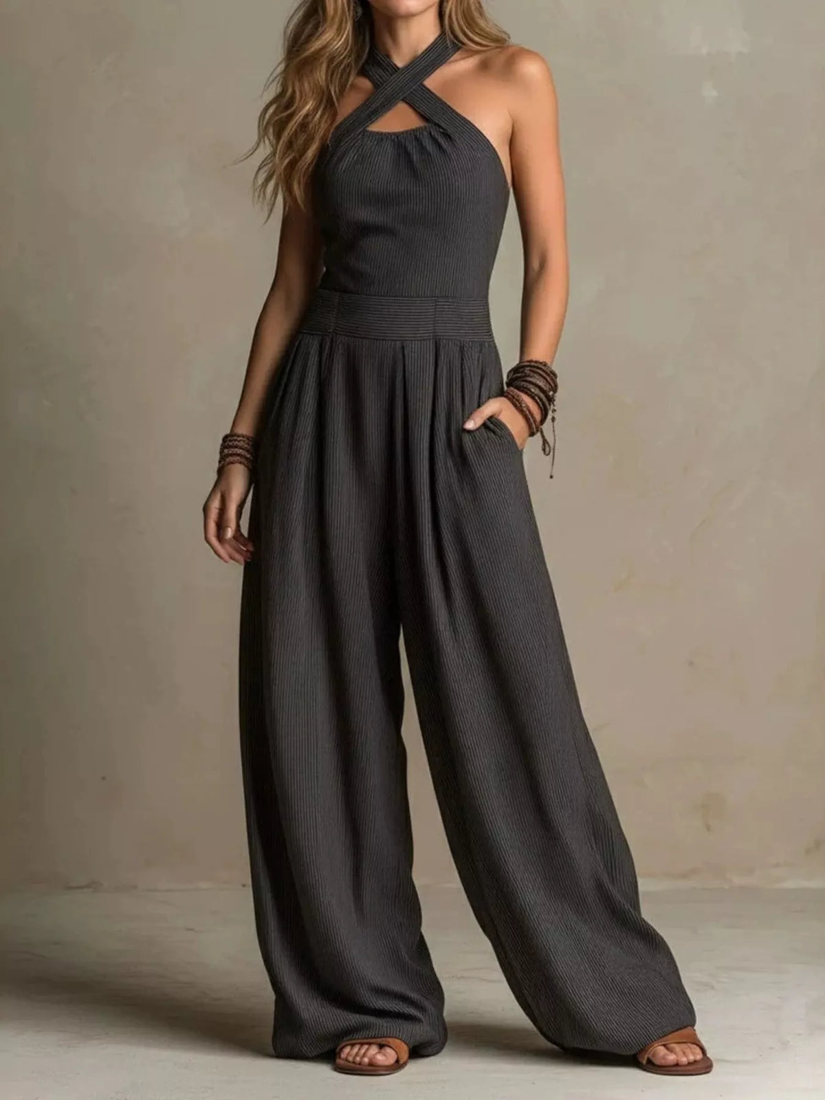 Halter Neck Wide-Leg Jumpsuit with Pockets - Dark Gray - View 1