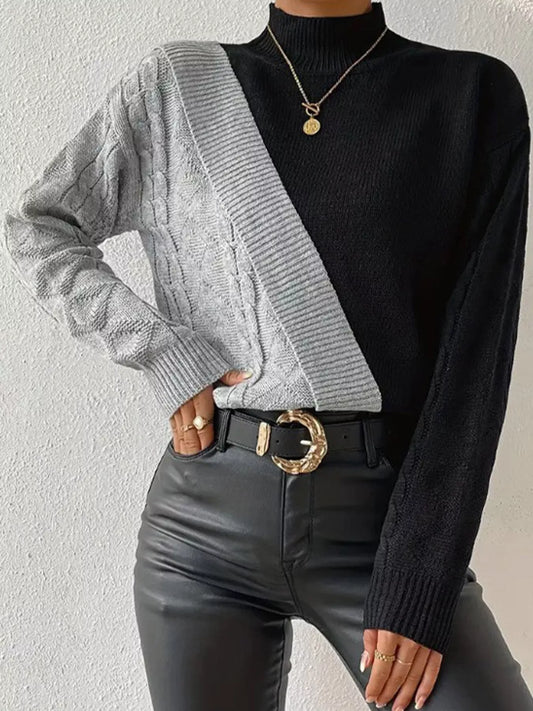 Color Block Cable Knit Mock Neck Sweater - Gray - View 1