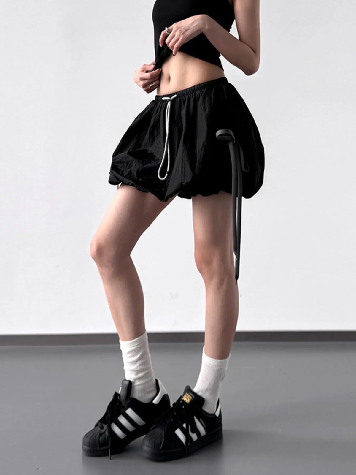 Bubble Drawstring Casual Shorts - Black - View 5