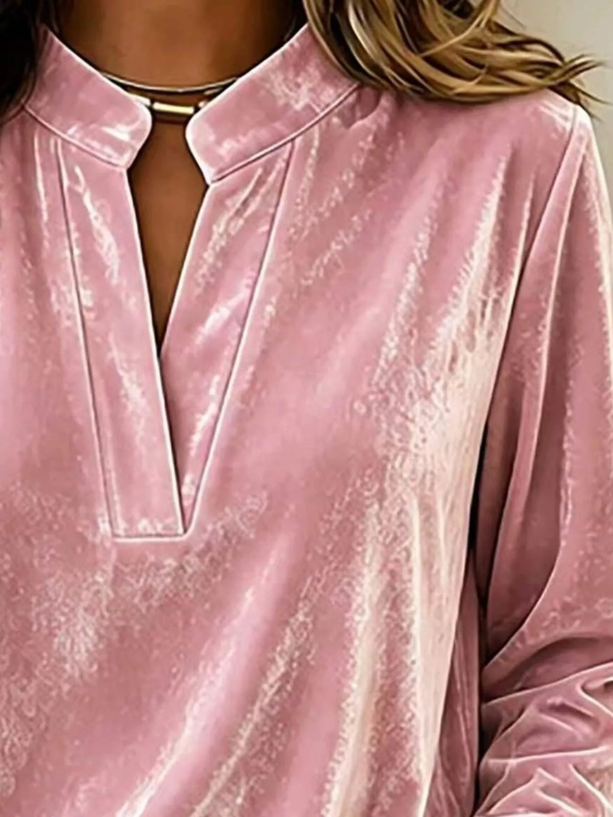 Full Size Velvet Notched Long Sleeve Blouse Plus Size - Pink - View 2
