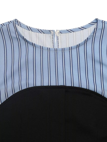 Striped Long Sleeve Blouse with Bow Tie - Blue - View 7