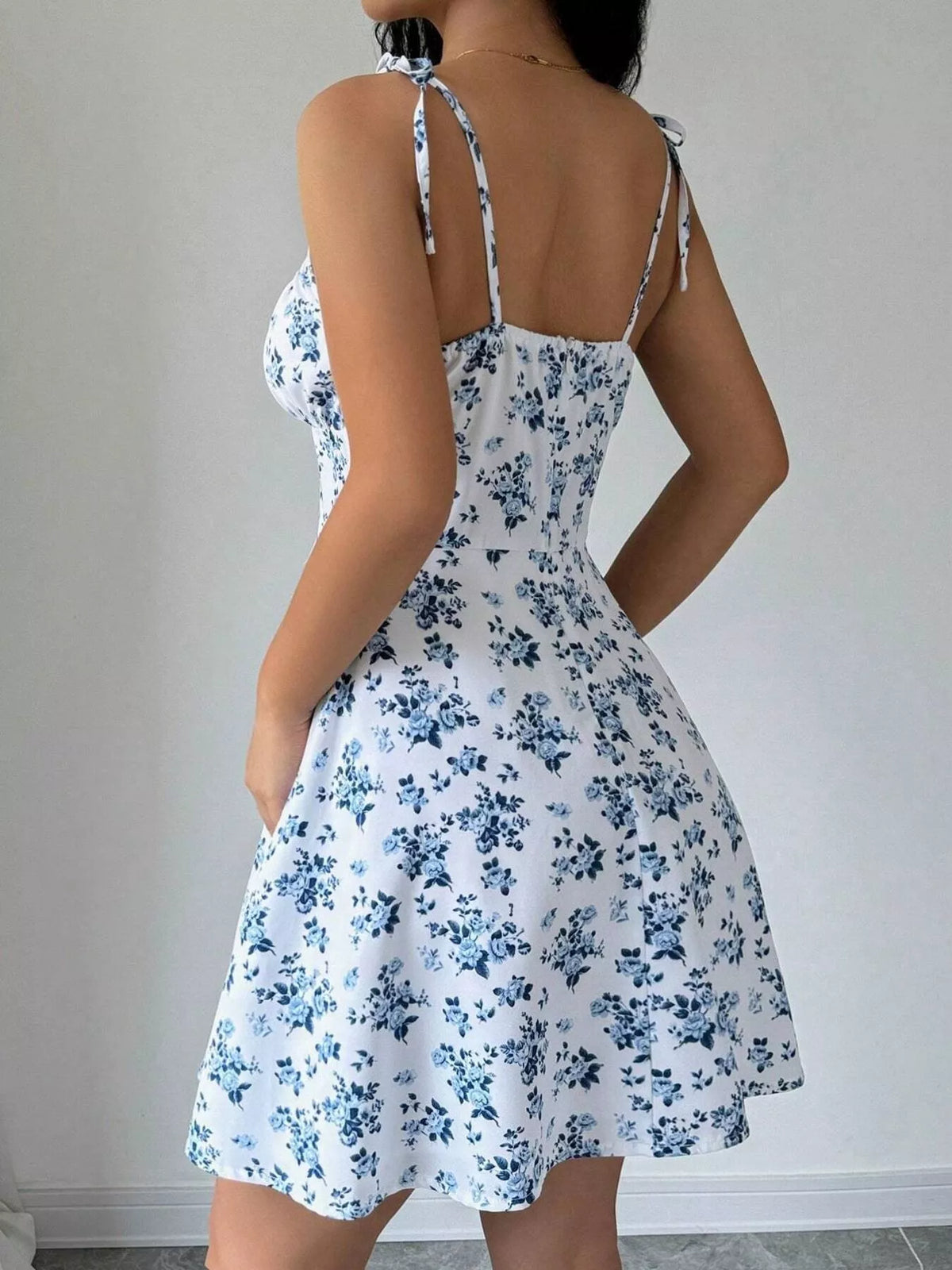 Floral Print Spaghetti Strap A-Line Mini Dress - White - View 6