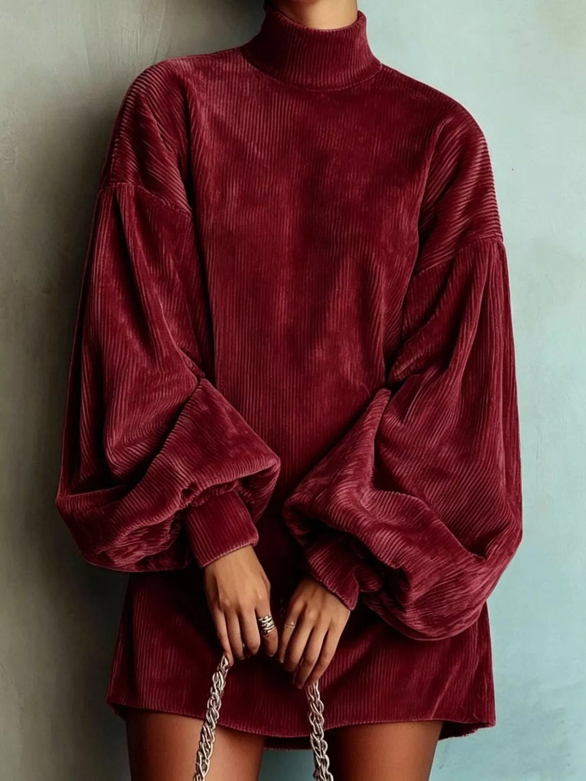 Full Size Ribbed Mock Neck Lantern Sleeve Mini Dress Plus Size - Burgundy - View 1