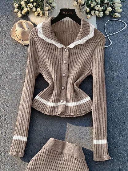 Ribbed Knit Cardigan and Skirt Sweater Set - Khaki - View 2